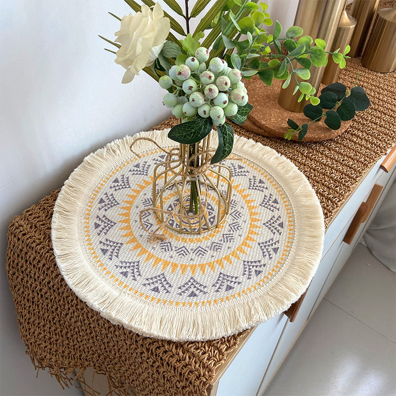 4 Pcs Beige and Yellow Boho Chic Woven Cotton Placemat with Tassels - Nordic Bohemian Style(Tableware is a prop for shooting and is not included) 4