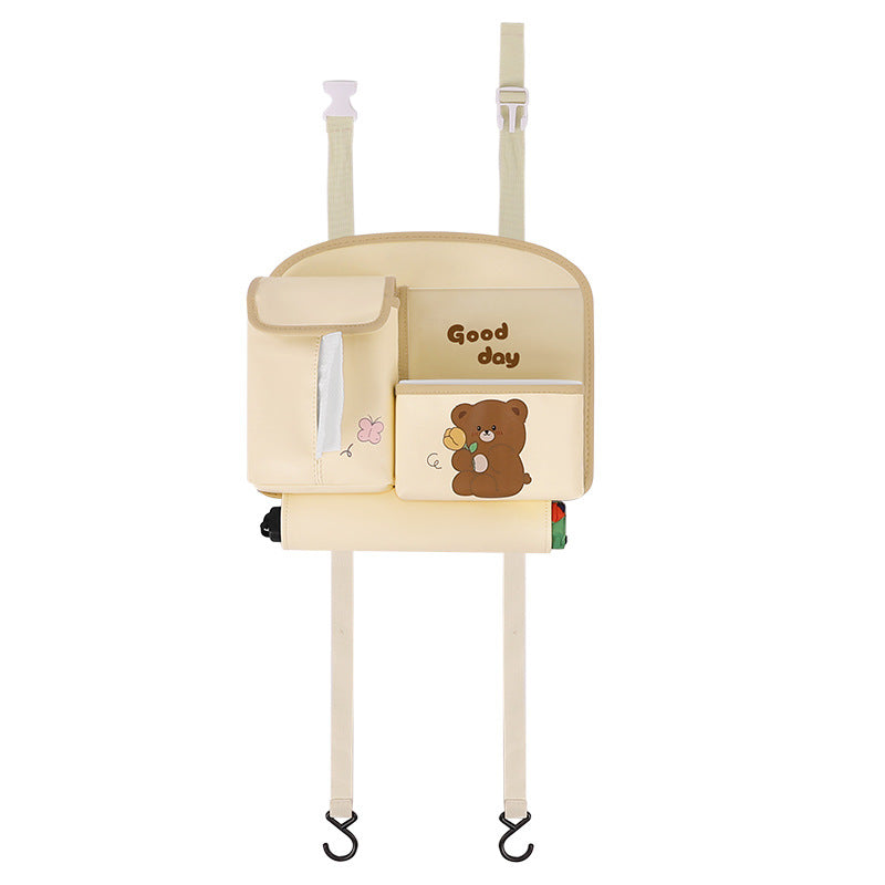 Beige Cute Cartoon Car Backseat Organizer with Multi-Pocket Storage and PP Trash Bin - 400g Lightweight PU Leather 3