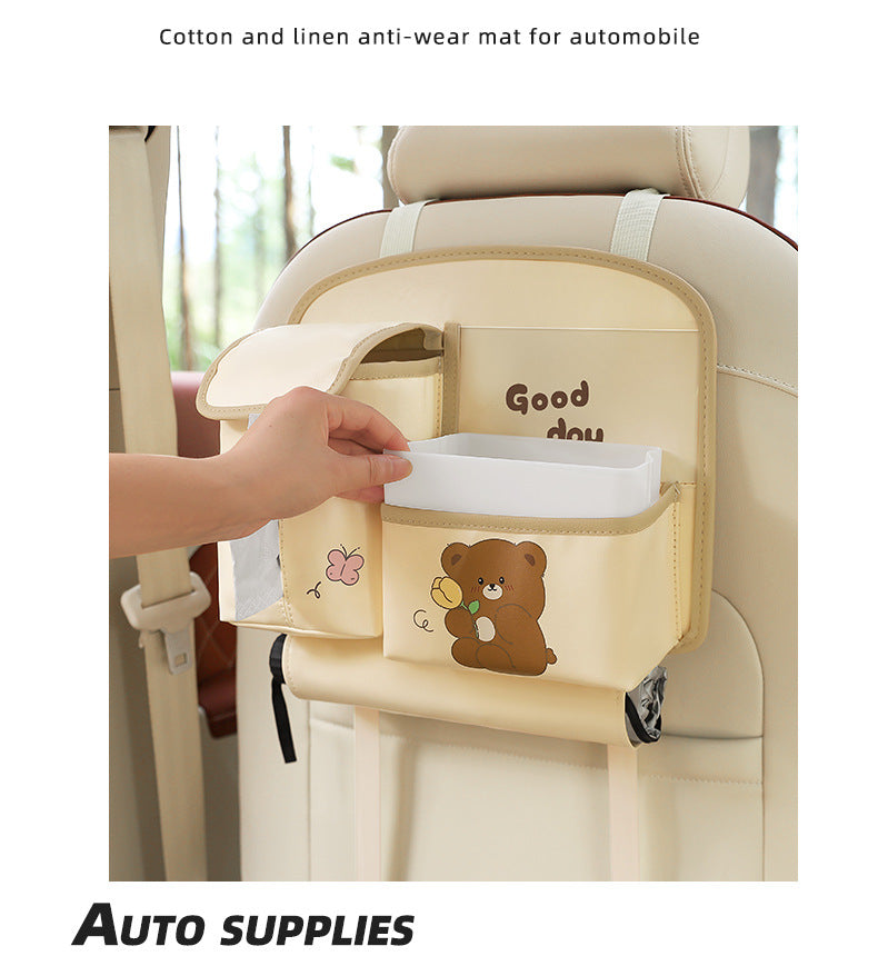 Beige Cute Cartoon Car Backseat Organizer with Multi-Pocket Storage and PP Trash Bin - 400g Lightweight PU Leather 5