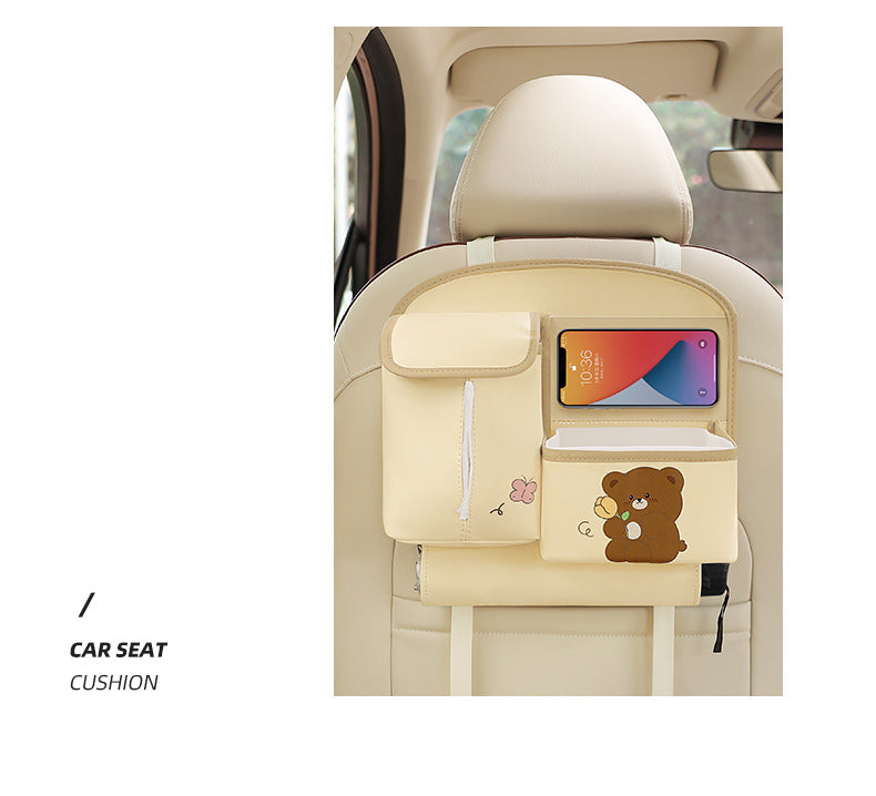 Beige Cute Cartoon Car Backseat Organizer with Multi-Pocket Storage and PP Trash Bin - 400g Lightweight PU Leather 6