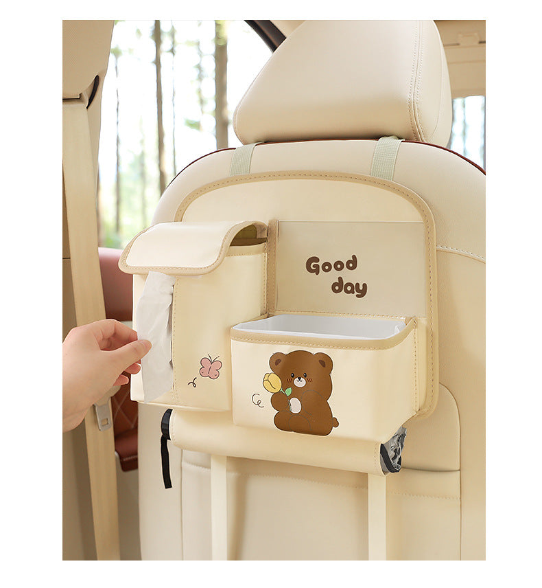 Beige Cute Cartoon Car Backseat Organizer with Multi-Pocket Storage and PP Trash Bin - 400g Lightweight PU Leather 7