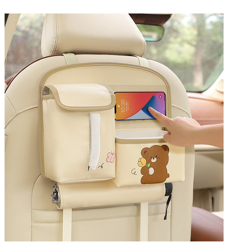 Beige Cute Cartoon Car Backseat Organizer with Multi-Pocket Storage and PP Trash Bin - 400g Lightweight PU Leather 8