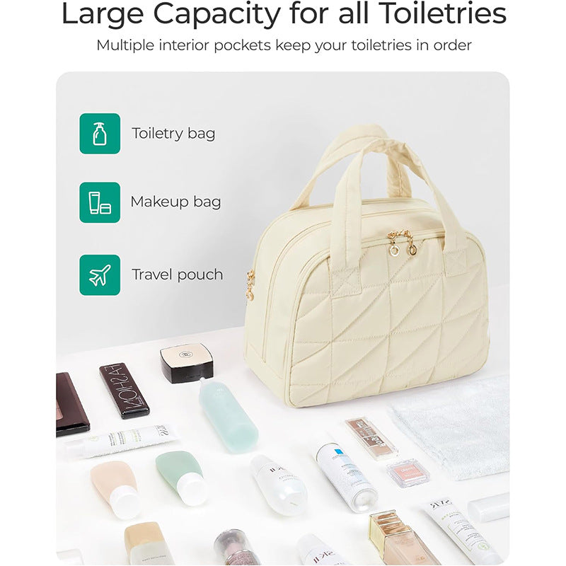 Beige Large Capacity Travel Toiletry Bag with Wide Opening - Puffy Nylon Makeup Organizer with Waterproof PVC Layer 4