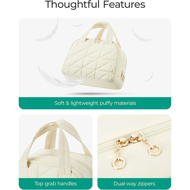 Beige Large Capacity Travel Toiletry Bag with Wide Opening - Puffy Nylon Makeup Organizer with Waterproof PVC Layer 5