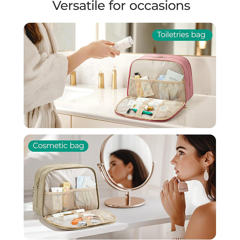 Black Large Capacity Travel Toiletry Bag with Wide Opening - Puffy Nylon Makeup Organizer with Waterproof PVC Layer 8