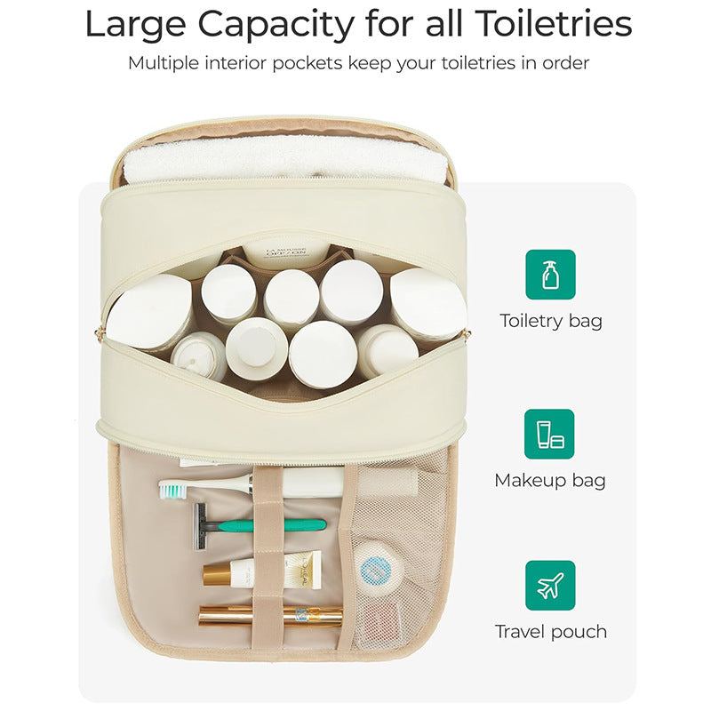 Khaki Large Capacity Travel Toiletry Bag with Wide Opening - Puffy Nylon Makeup Organizer with Waterproof PVC Layer 3