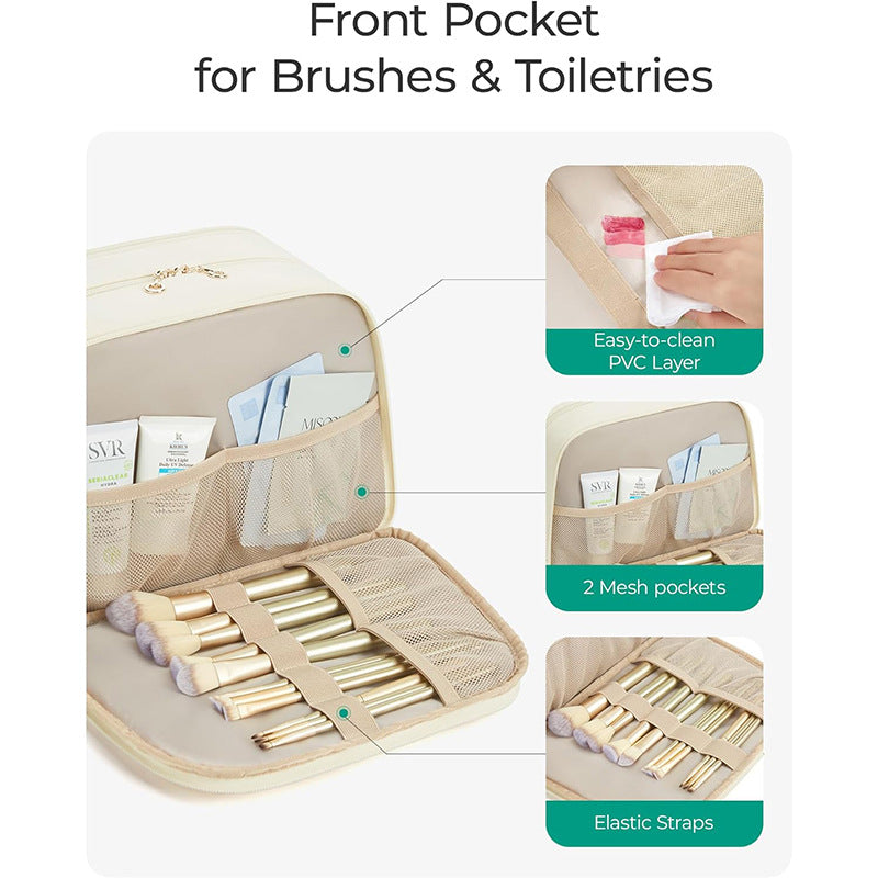 Khaki Large Capacity Travel Toiletry Bag with Wide Opening - Puffy Nylon Makeup Organizer with Waterproof PVC Layer 6