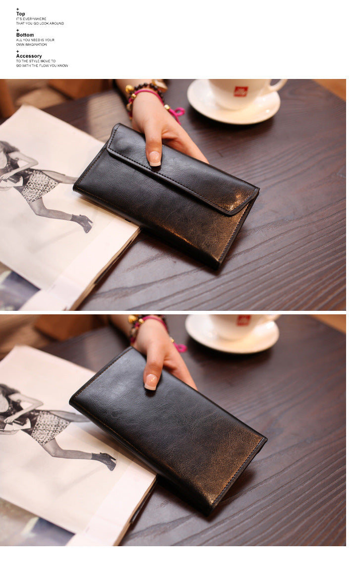 Black Women's Genuine Leather Long Wallet - Slim Business Clutch with Snap Closure, Multi-Card Holder 4