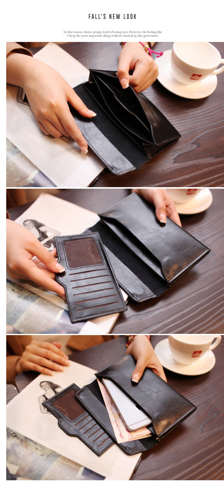 Black Women's Genuine Leather Long Wallet - Slim Business Clutch with Snap Closure, Multi-Card Holder 5