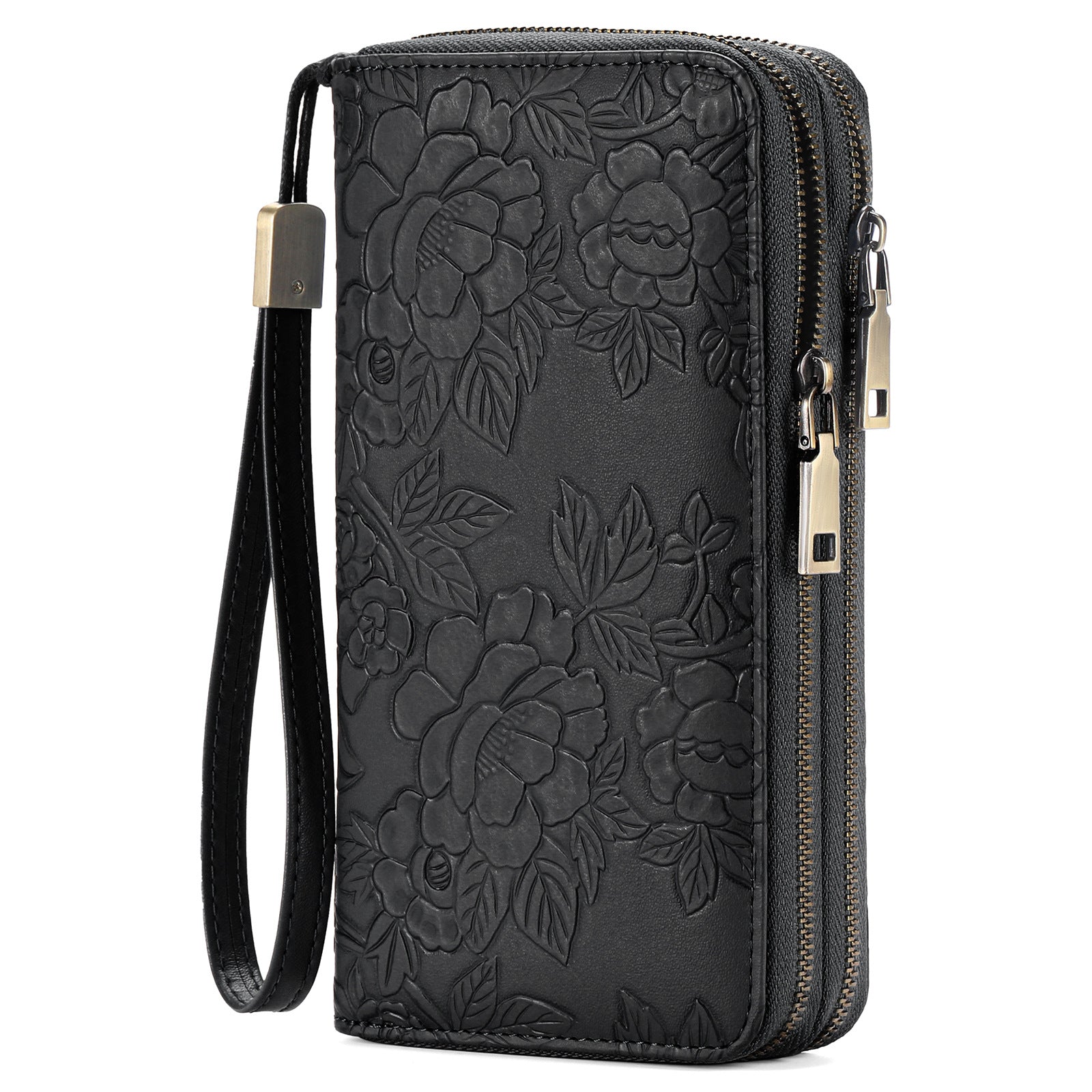 Black Floral Embossed Large Capacity Women's Wallet - Double Zipper PU Leather Clutch with Detachable Wrist Strap