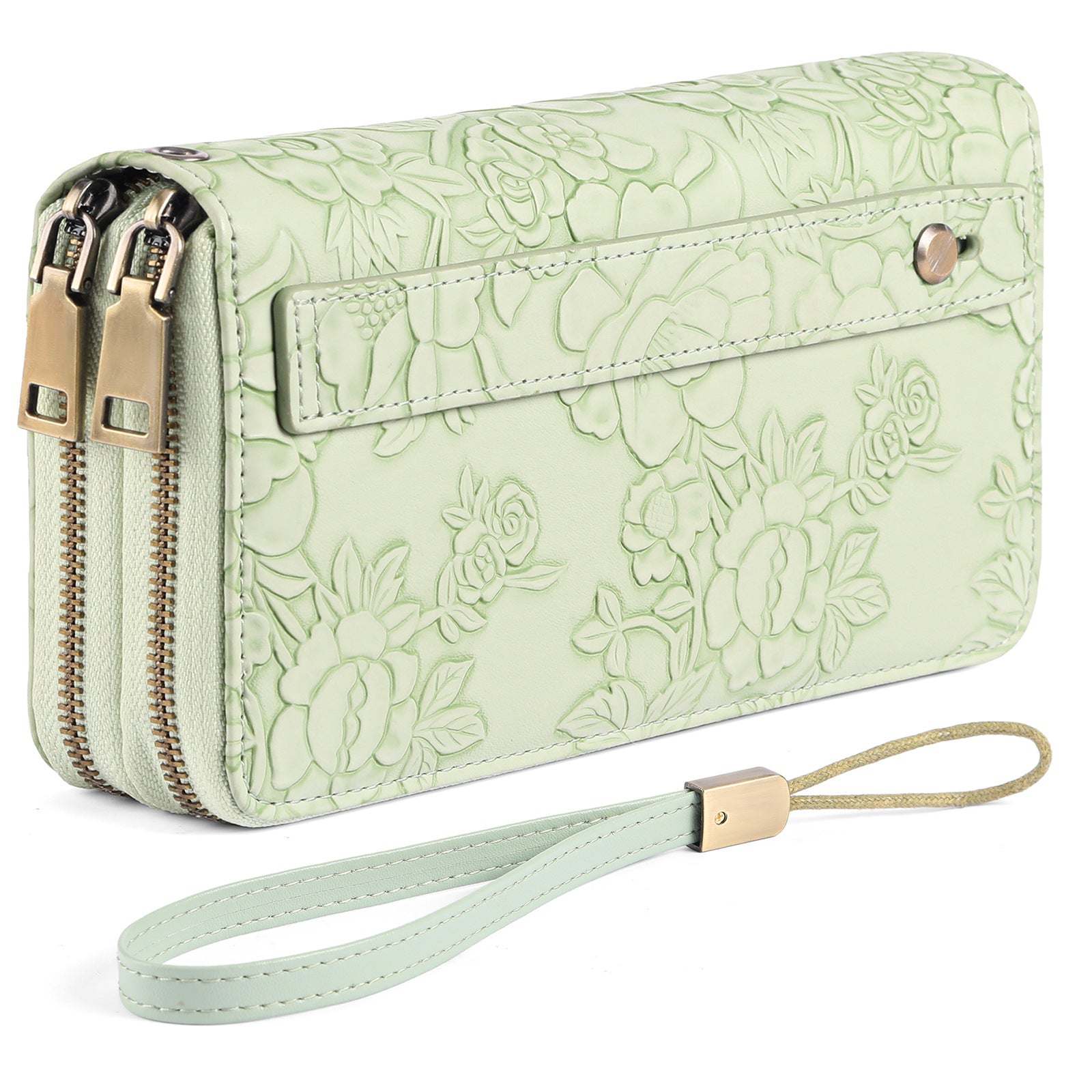 Black Floral Embossed Large Capacity Women's Wallet - Double Zipper PU Leather Clutch with Detachable Wrist Strap 3