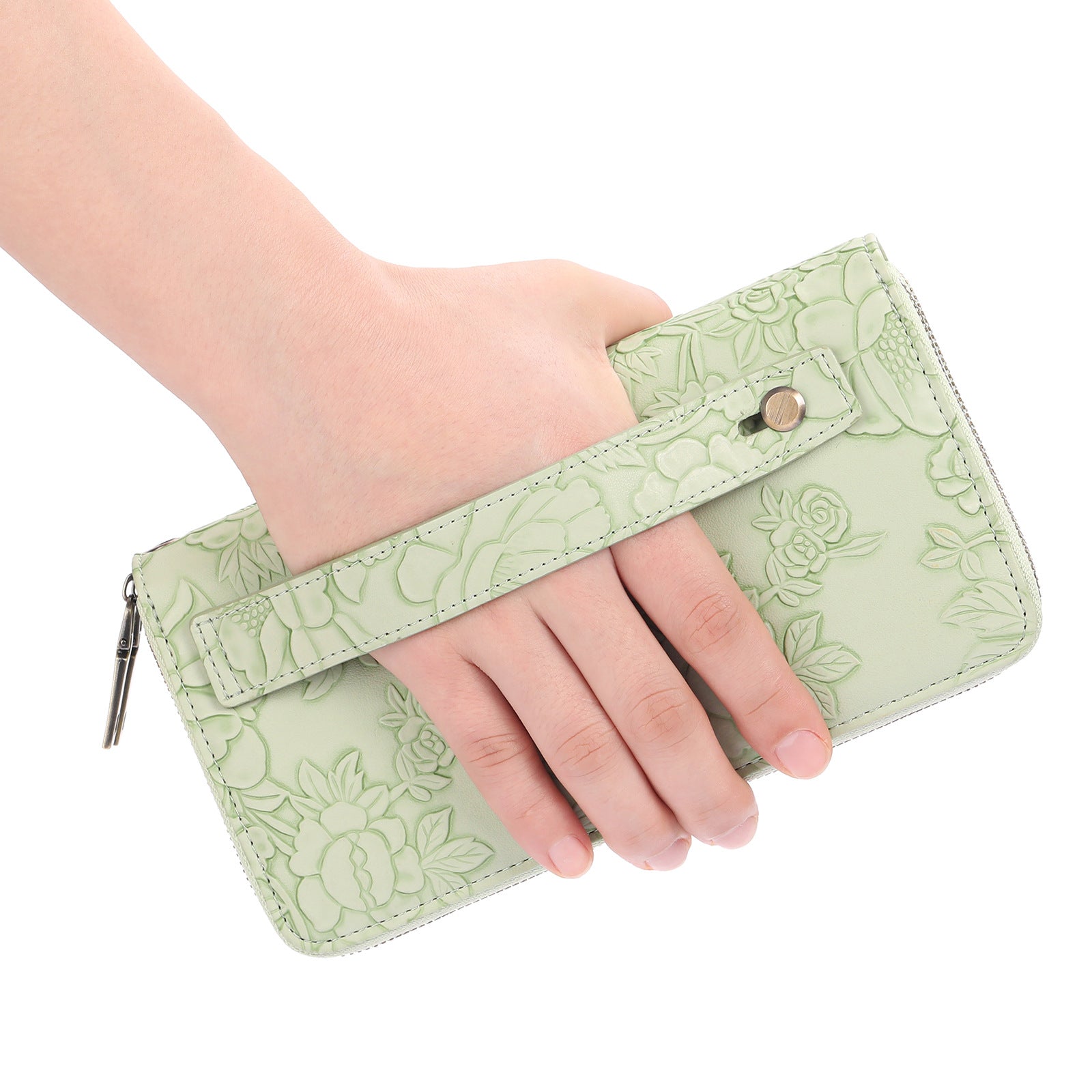 Black Floral Embossed Large Capacity Women's Wallet - Double Zipper PU Leather Clutch with Detachable Wrist Strap 4