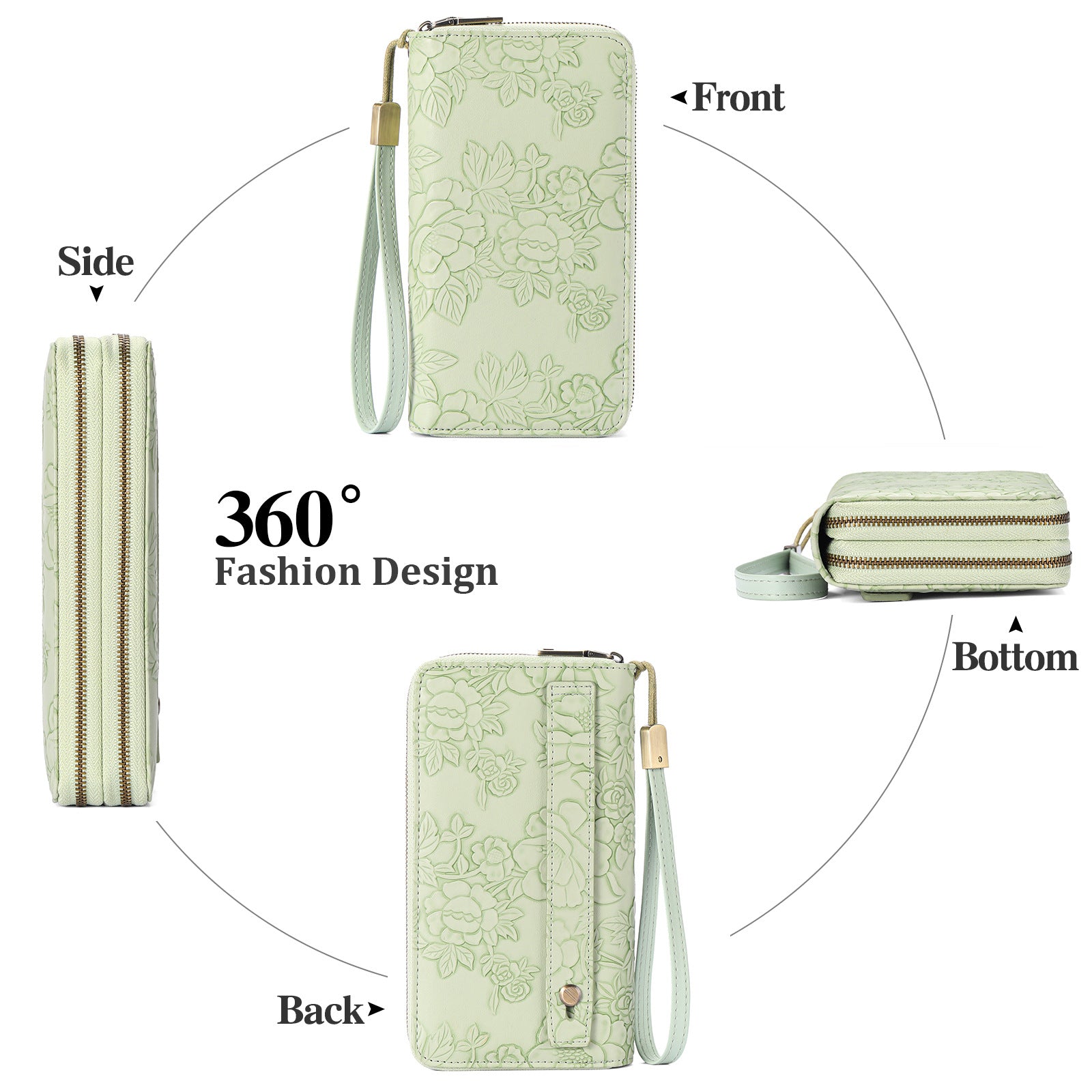 Blue Floral Embossed Large Capacity Women's Wallet - Double Zipper PU Leather Clutch with Detachable Wrist Strap 7