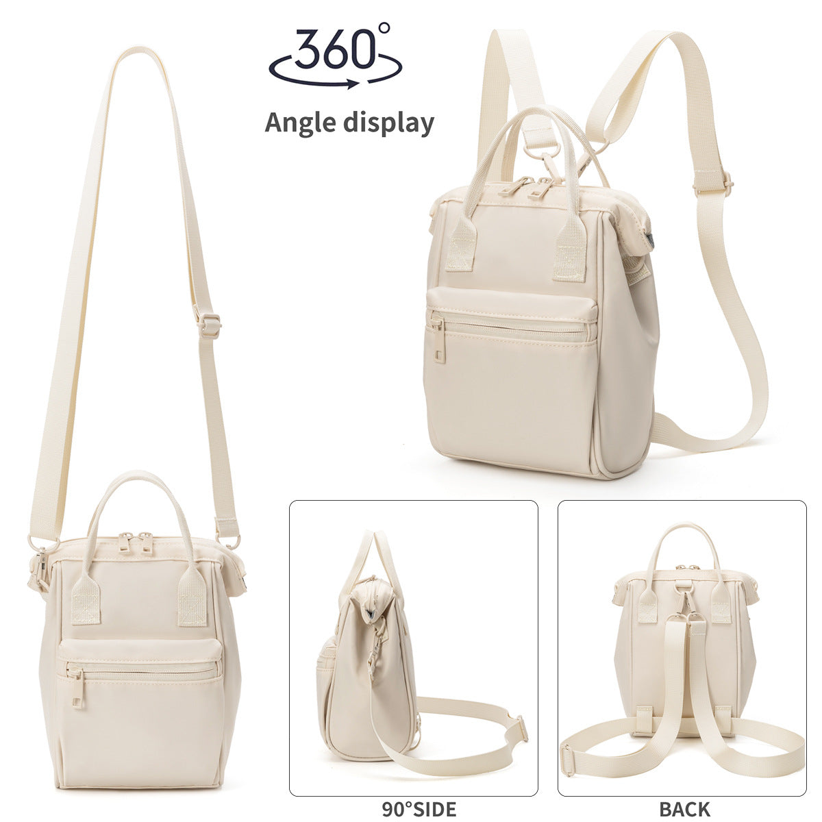 Beige Mini Waterproof Oxford Backpack - Lightweight 263g Travel Crossbody Bag with Adjustable Straps 3