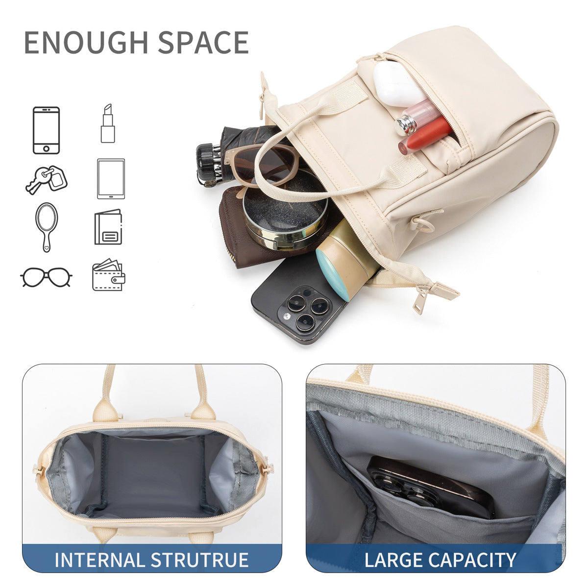 Beige Mini Waterproof Oxford Backpack - Lightweight 263g Travel Crossbody Bag with Adjustable Straps 5