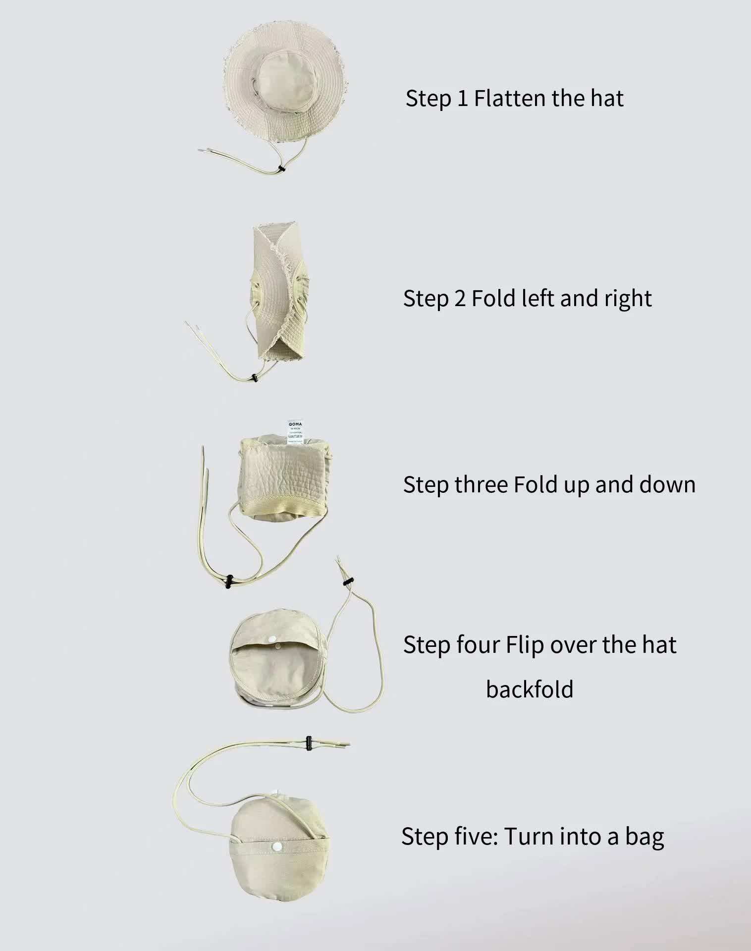 Beige Packable Cotton Bucket Hat - Folds into Wearable Pouch | Frayed Edge Sun Hat with Chin Strap 3