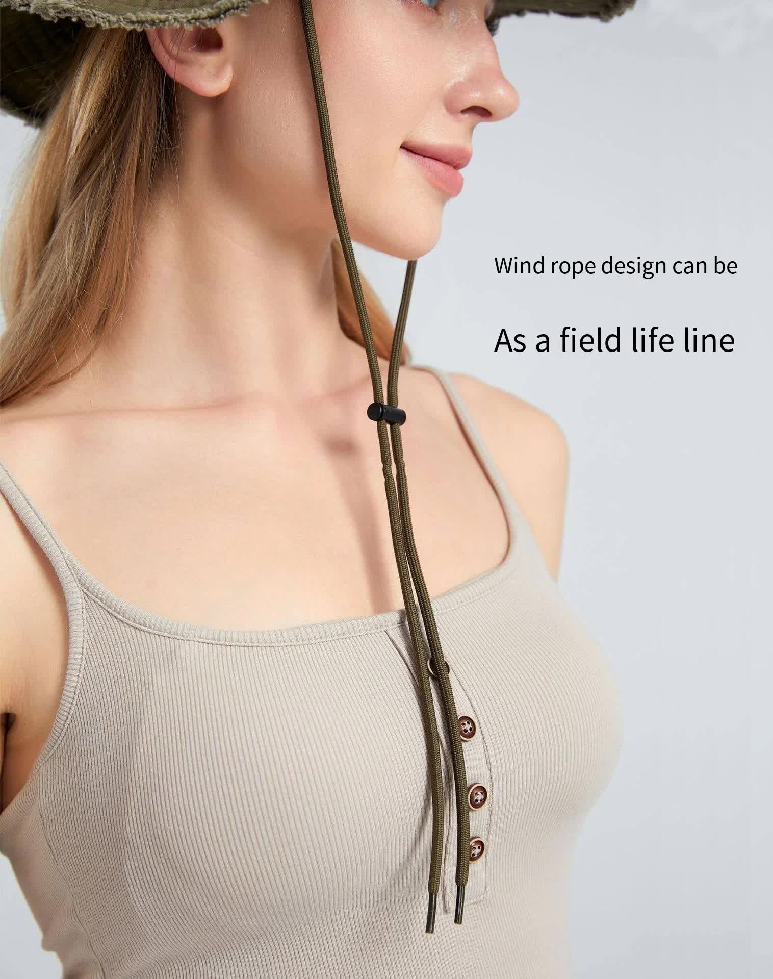 Beige Packable Cotton Bucket Hat - Folds into Wearable Pouch | Frayed Edge Sun Hat with Chin Strap 5