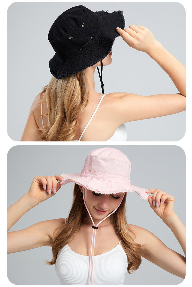 Beige Packable Cotton Bucket Hat - Folds into Wearable Pouch | Frayed Edge Sun Hat with Chin Strap 6