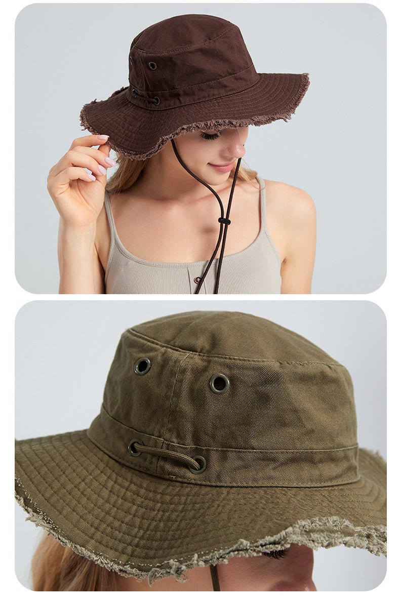 Beige Packable Cotton Bucket Hat - Folds into Wearable Pouch | Frayed Edge Sun Hat with Chin Strap 7