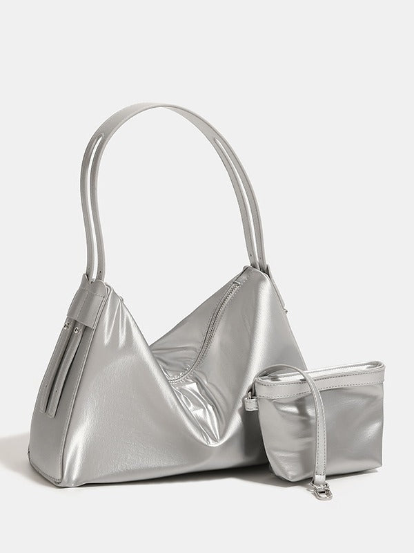 Silver Luminous Silver Nylon Underarm Shoulder Bag - Convertible Crossbody Hobo with Pouch - Lightweight & Modern 3