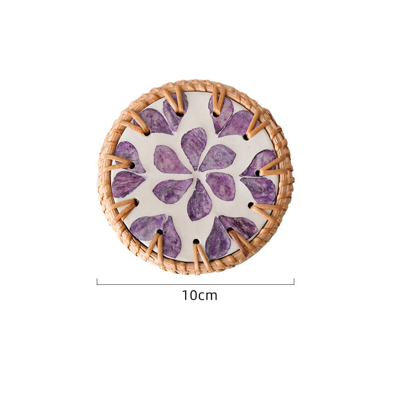 4 Pcs Beige Background With Purple flower Handcrafted Rattan Coaster with Natural Shell Inlay - Decorative & Heat Insulating Drink Mat