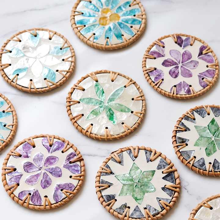 4 Pcs Beige Background With Purple flower Handcrafted Rattan Coaster with Natural Shell Inlay - Decorative & Heat Insulating Drink Mat 6