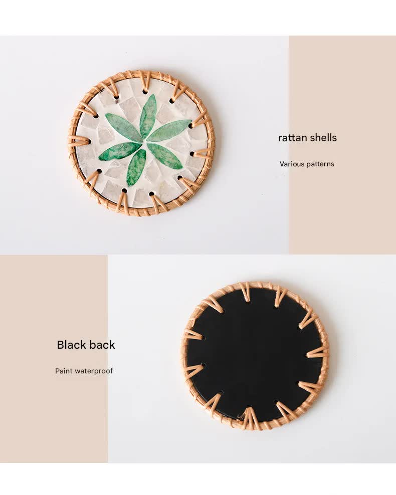4 Pcs Beige Background With Green flower Handcrafted Rattan Coaster with Natural Shell Inlay - Decorative & Heat Insulating Drink Mat 5