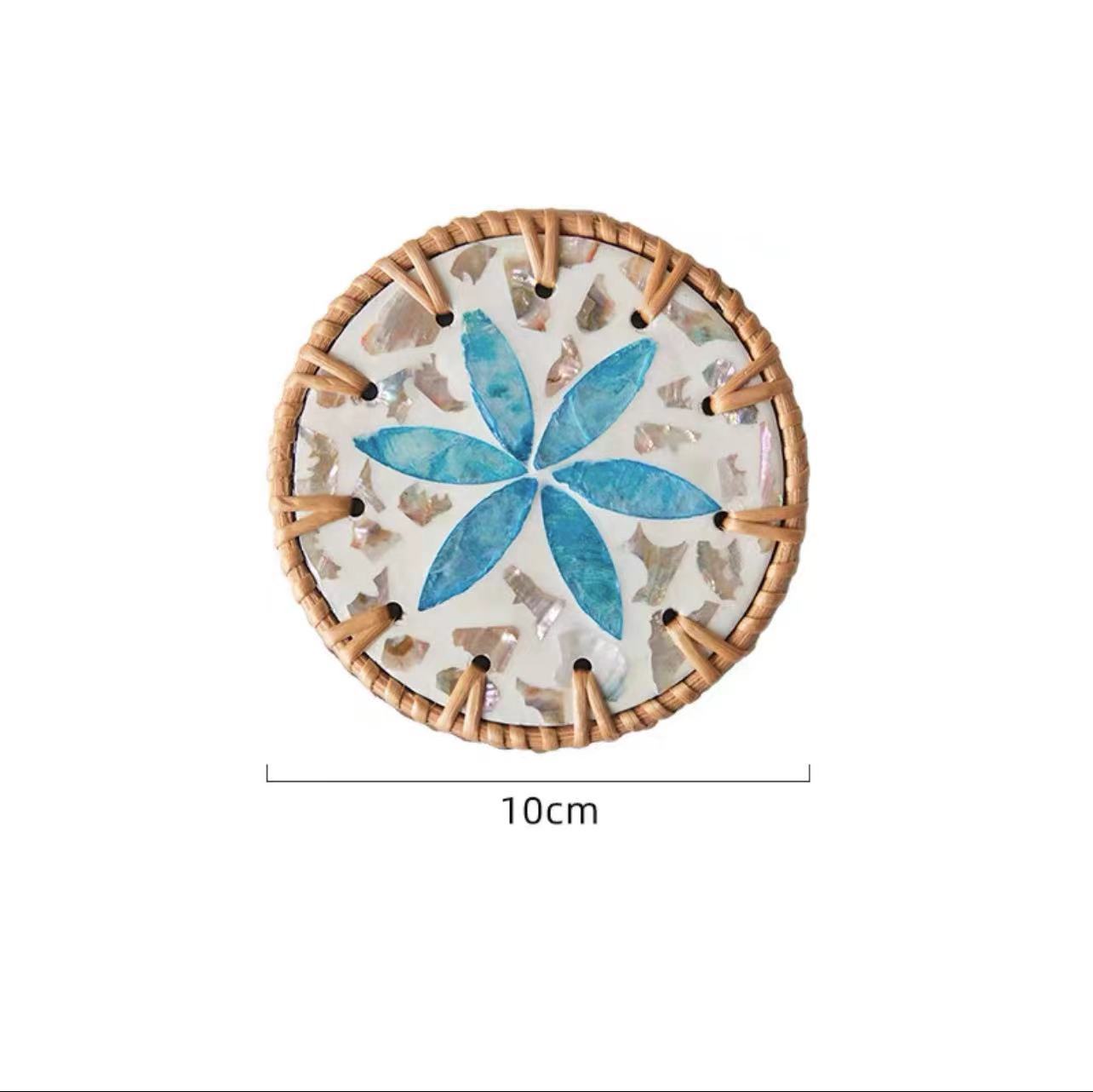 4 Pcs Khaki Background With Blue flower Handcrafted Rattan Coaster with Natural Shell Inlay - Decorative & Heat Insulating Drink Mat