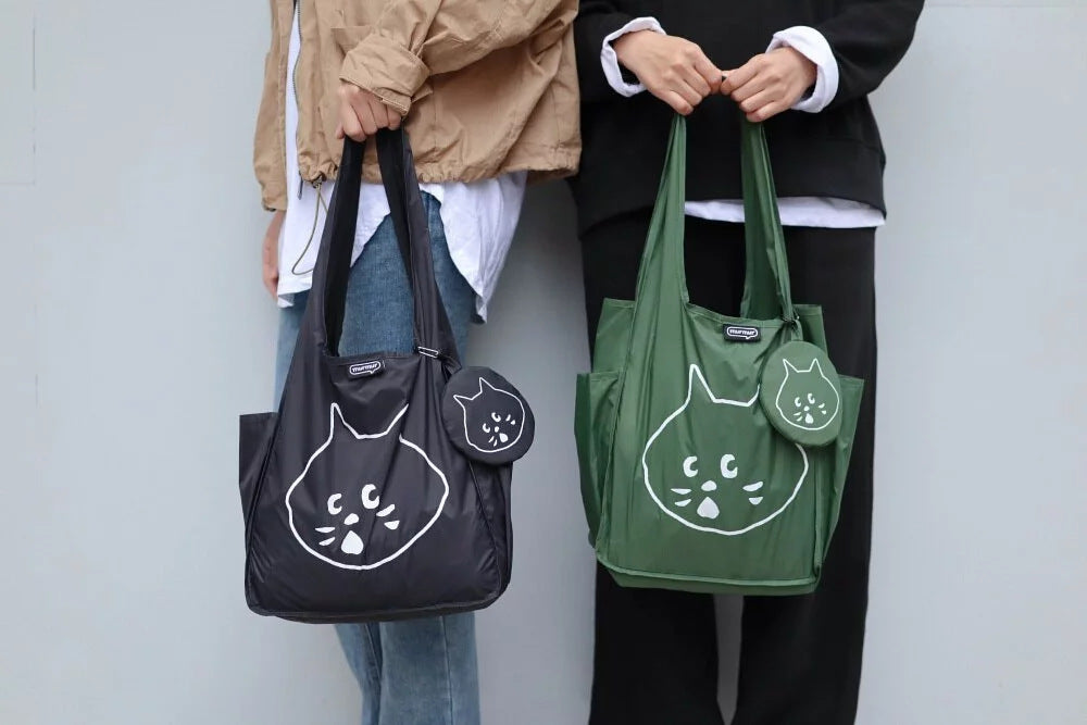 Black Foldable Waterproof Shopping Tote Bag Set - Large Capacity Lightweight Reusable Grocery Bag with Matching Pouch 7