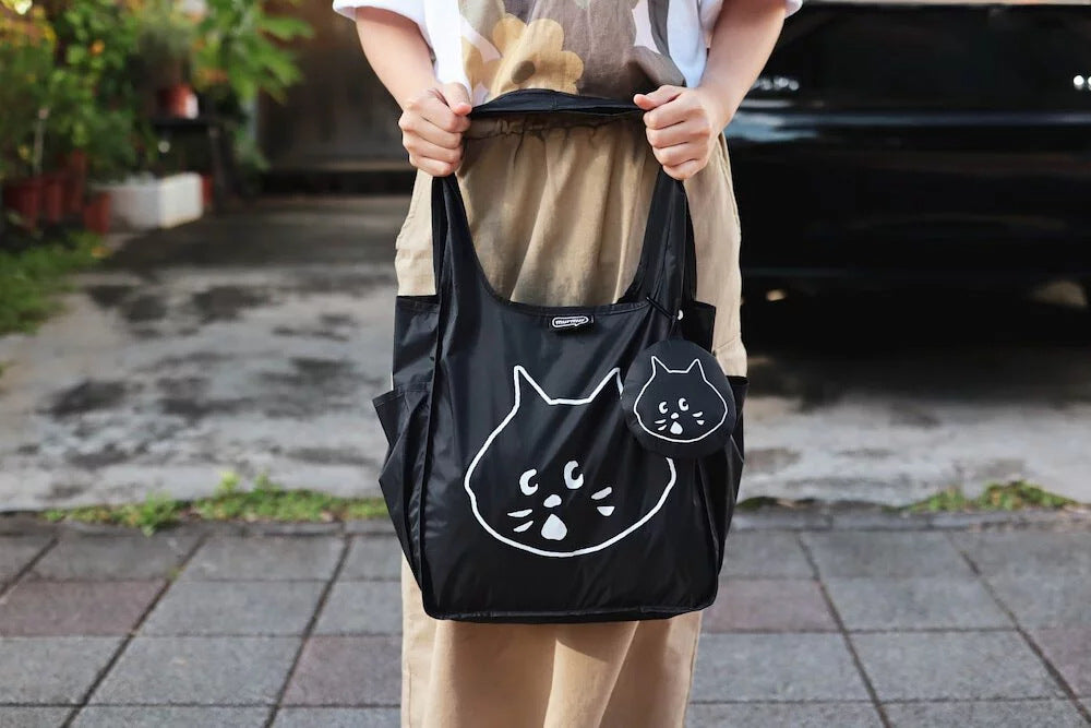 Black Foldable Waterproof Shopping Tote Bag Set - Large Capacity Lightweight Reusable Grocery Bag with Matching Pouch 8