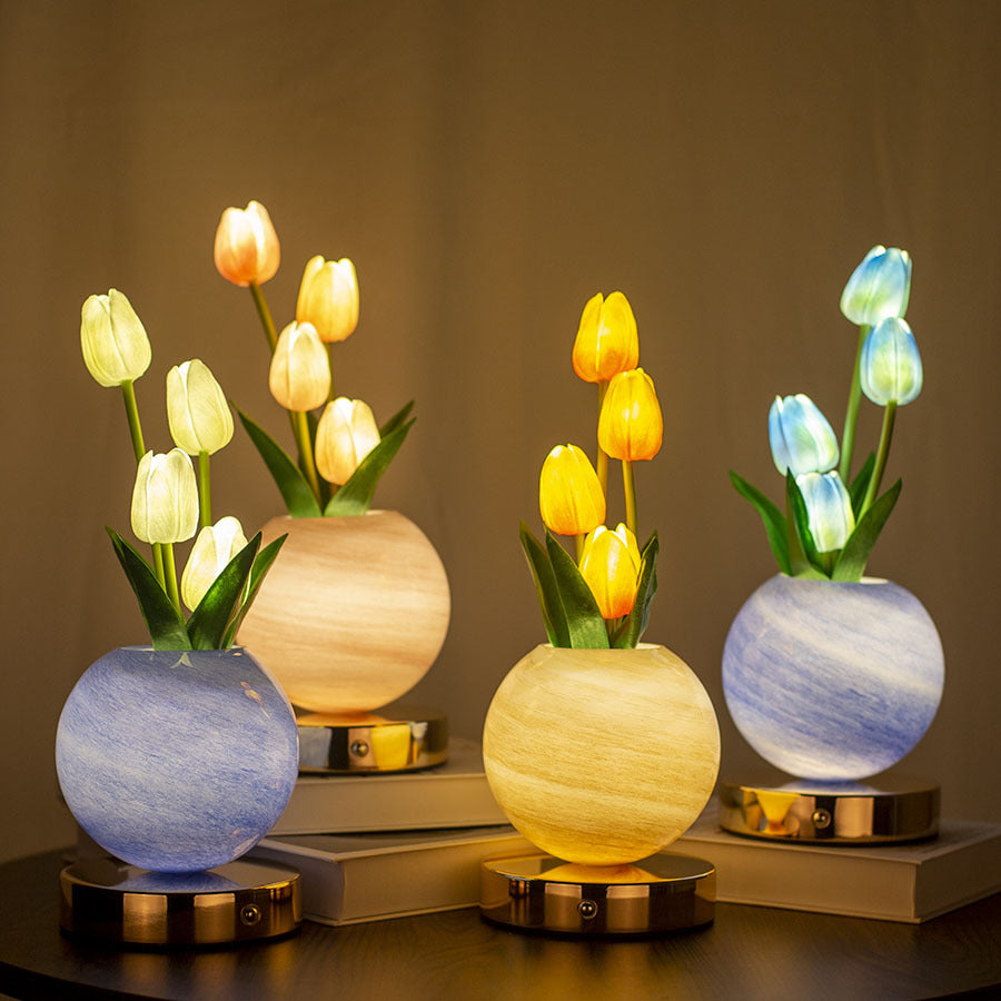 Blue And White Tulip Night Light with Realistic Bouquet - Dreamy Planet LED Mood Lamp for Bedroom Decor with 3-Color Touch Dimming