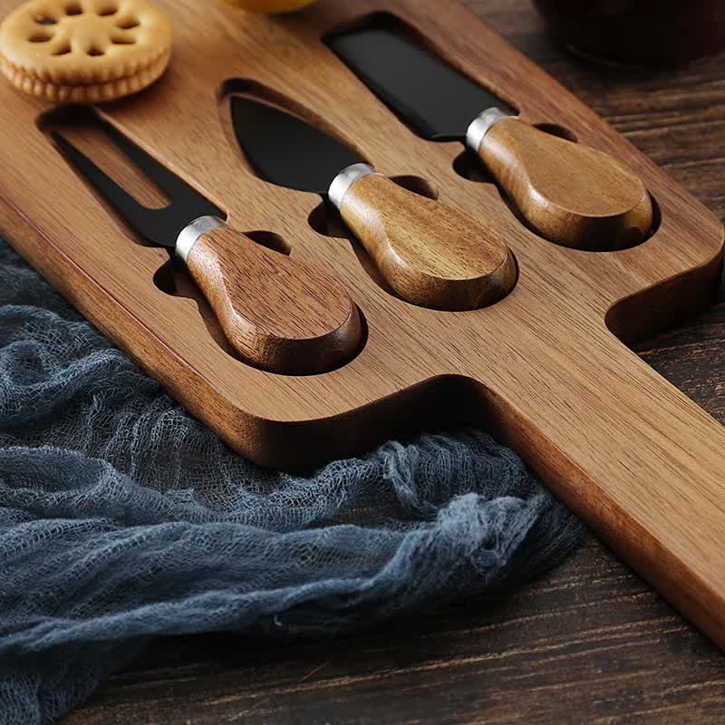 Brown And Black Premium Acacia Wood Cheese Board Set | Charcuterie Platter with 3 Stainless Steel Knives 10