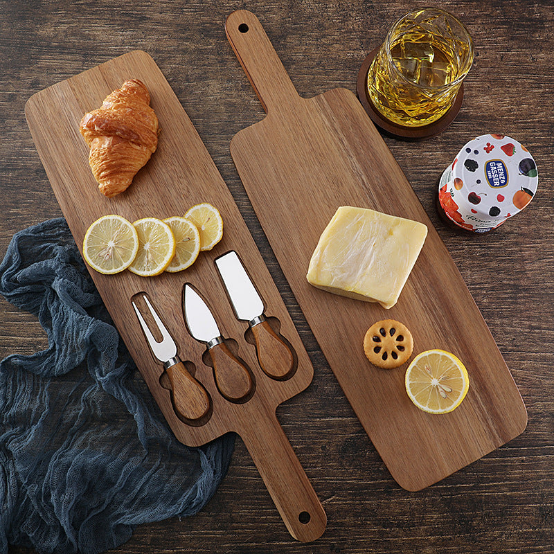 Brown And Gold Premium Acacia Wood Cheese Board Set | Charcuterie Platter with 3 Stainless Steel Knives