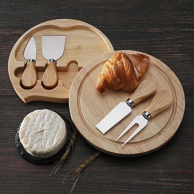 Brown And Silver Compact Round Rubberwood Cheese Board Set | 4 Stainless Steel Knives & Tools 3
