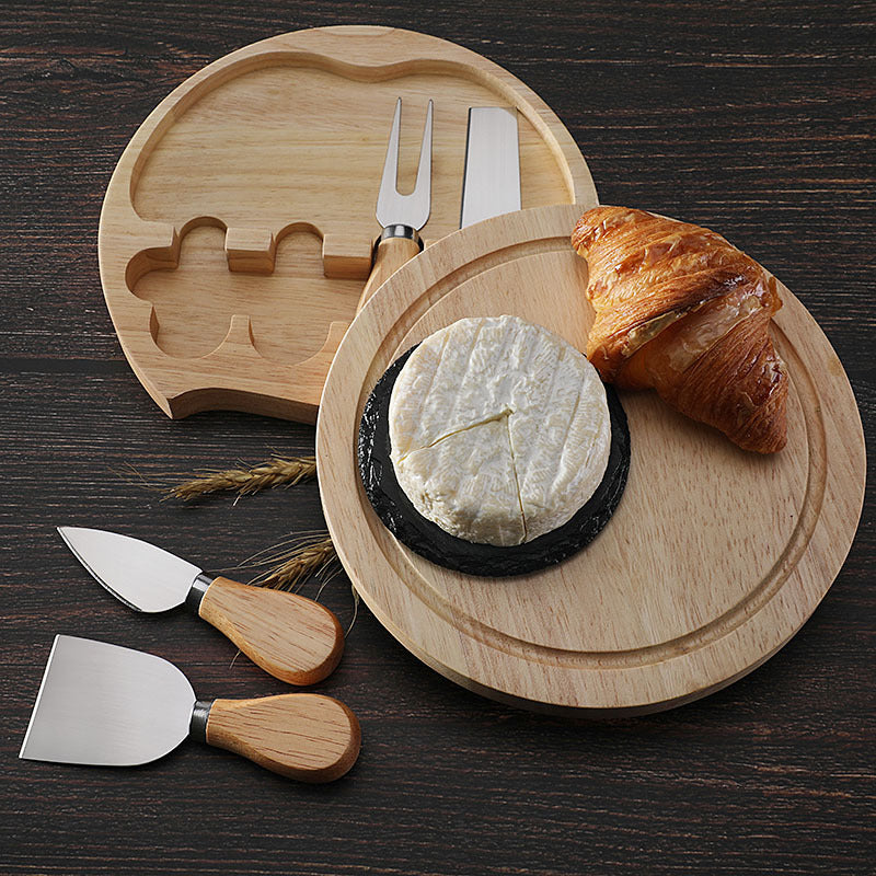 Brown And Black Compact Round Rubberwood Cheese Board Set | 4 Stainless Steel Knives & Tools 4