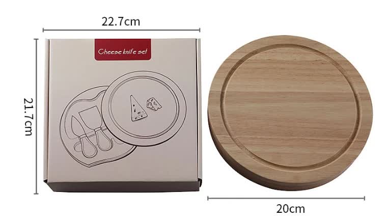 Brown And Gold Compact Round Rubberwood Cheese Board Set | 4 Stainless Steel Knives & Tools 6