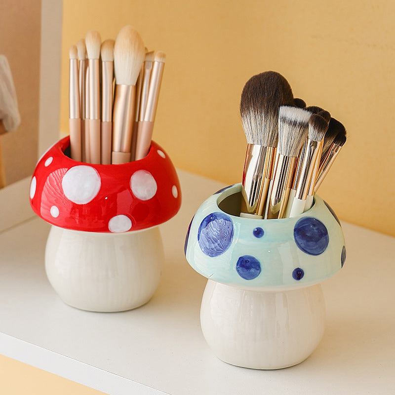 Blue Adorable Ceramic Mushroom Desk Organizer - Cute Pen & Makeup Brush Holder 3