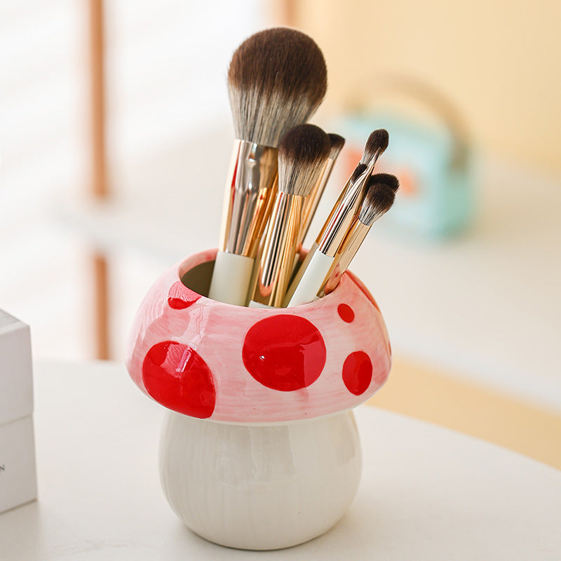 Blue Adorable Ceramic Mushroom Desk Organizer - Cute Pen & Makeup Brush Holder 4