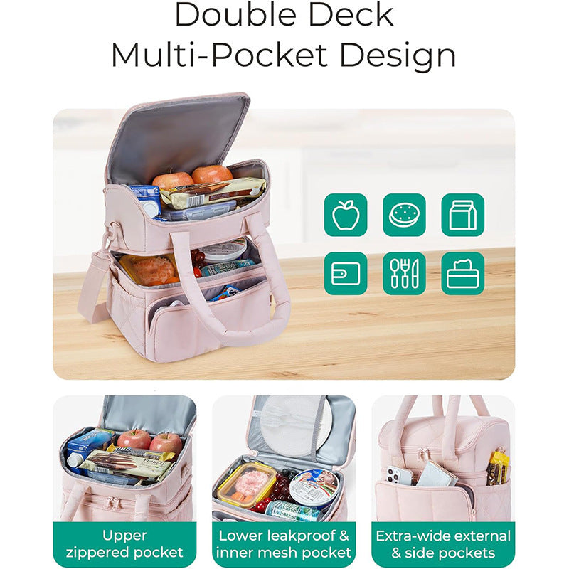 Beige Chic Double Deck Insulated Lunch Bag - Leakproof Cooler Tote for Women 4