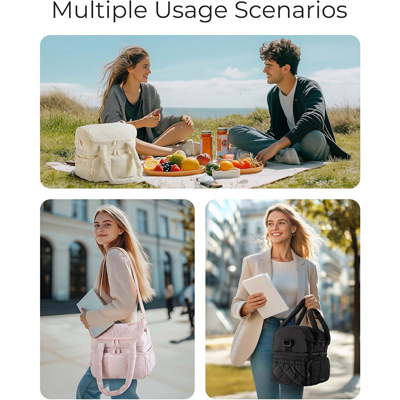 Beige Chic Double Deck Insulated Lunch Bag - Leakproof Cooler Tote for Women 6