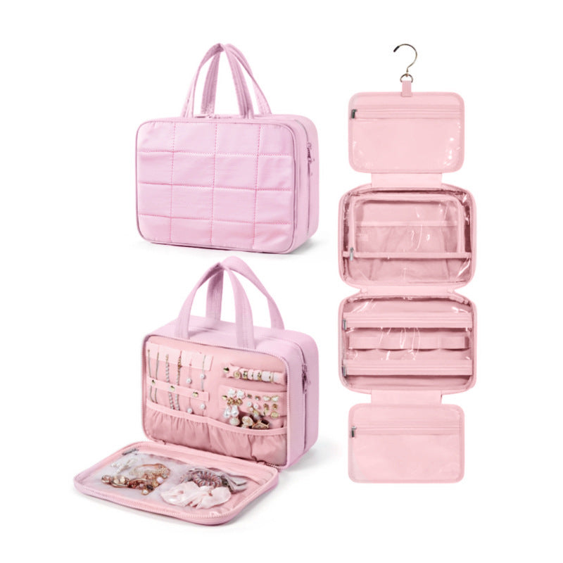 Size L Pink Quilted Hanging Toiletry Bag with Jewelry Organizer - Travel Cosmetic Case(31*12*23)