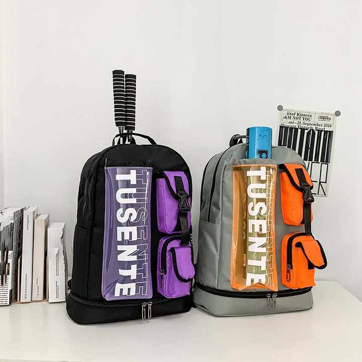 Purple And Black Stylish Sports Backpack with Contrast Pockets - Unisex Gym Bag for Badminton & Tennis