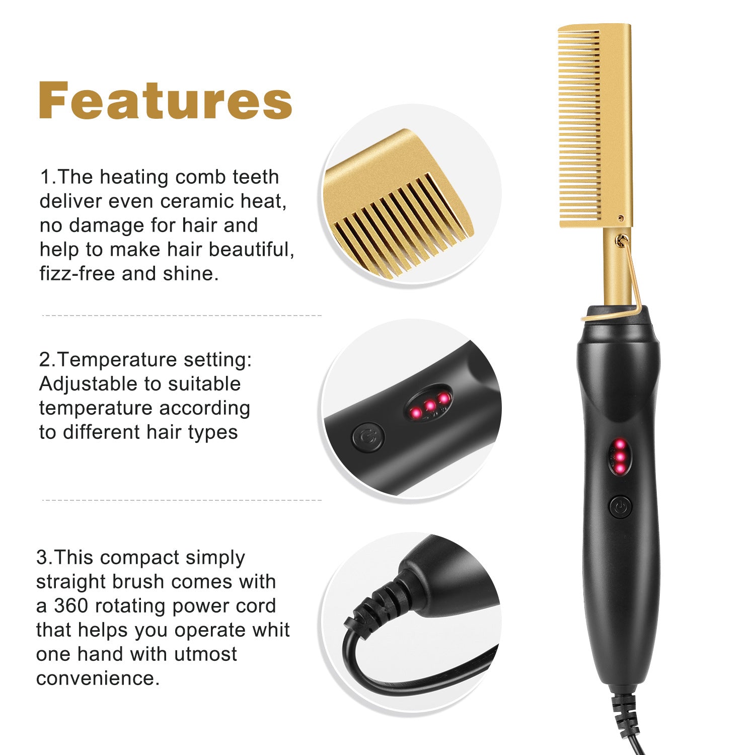 Black Electric Hot Comb Hair Straightener - Fast Heating Styling Tool with 3 Temp Settings & Anti-Scald Guard 6