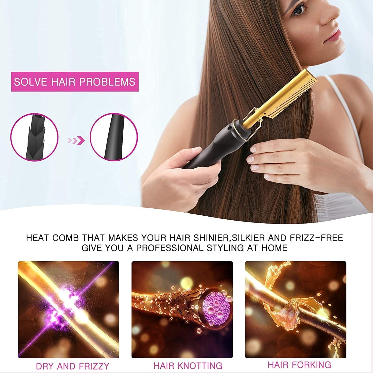 Rose Red And Black Electric Hot Comb Hair Straightener - Fast Heating Styling Tool with 3 Temp Settings & Anti-Scald Guard 5