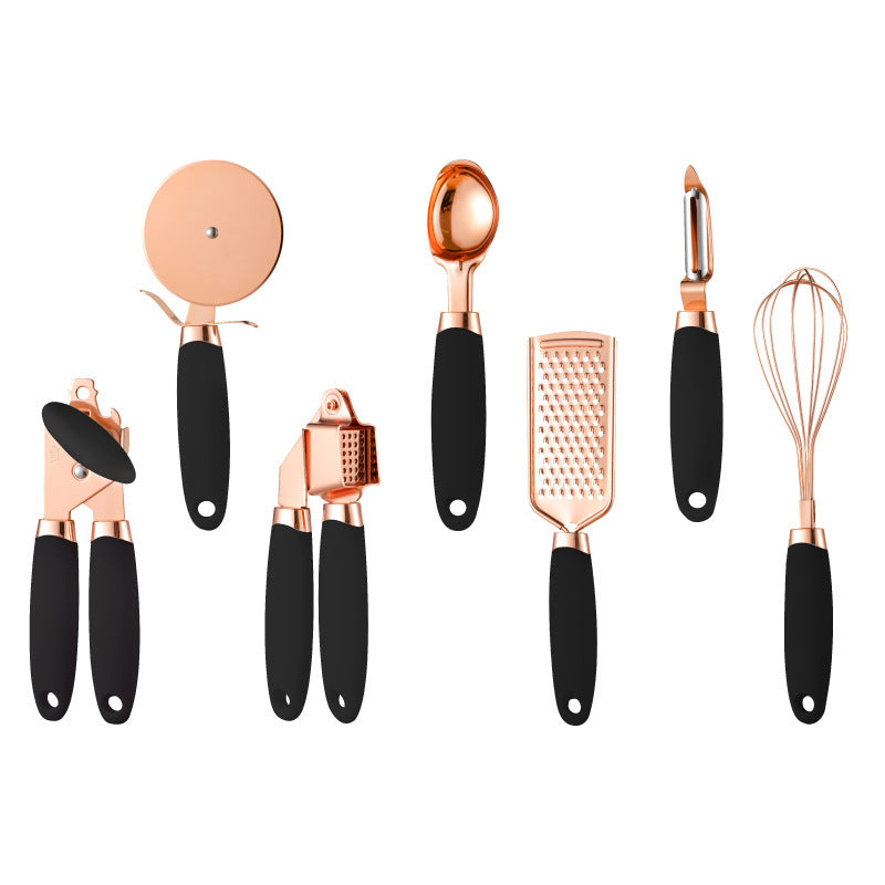 Grey And Rose Gold 7-Piece Kitchen Gadget Set - Stainless Steel Utensils with Comfort Grip Handles