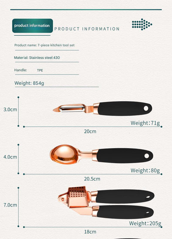 Grey And Rose Gold 7-Piece Kitchen Gadget Set - Stainless Steel Utensils with Comfort Grip Handles 6