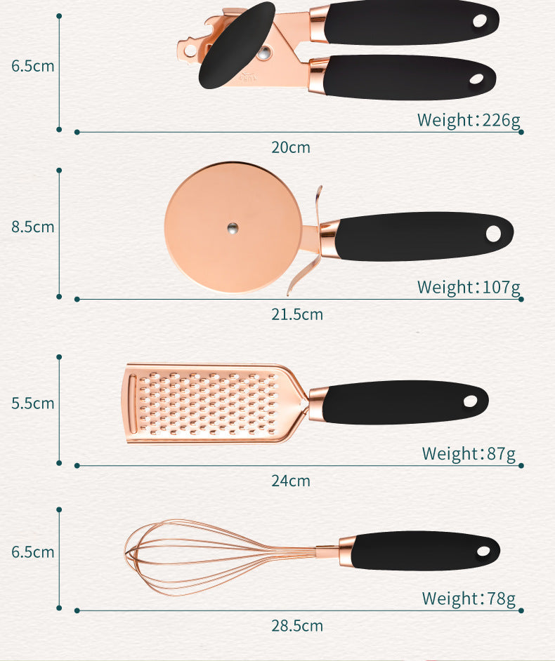 Green And Rose Gold 7-Piece Kitchen Gadget Set - Stainless Steel Utensils with Comfort Grip Handles 7