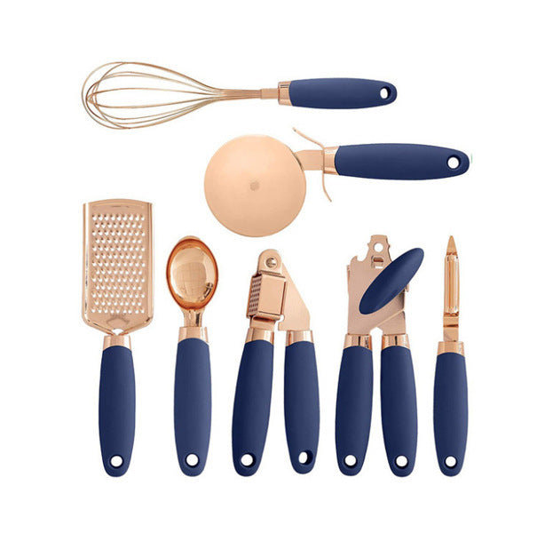 Blue And Rose Gold 7-Piece Kitchen Gadget Set - Stainless Steel Utensils with Comfort Grip Handles