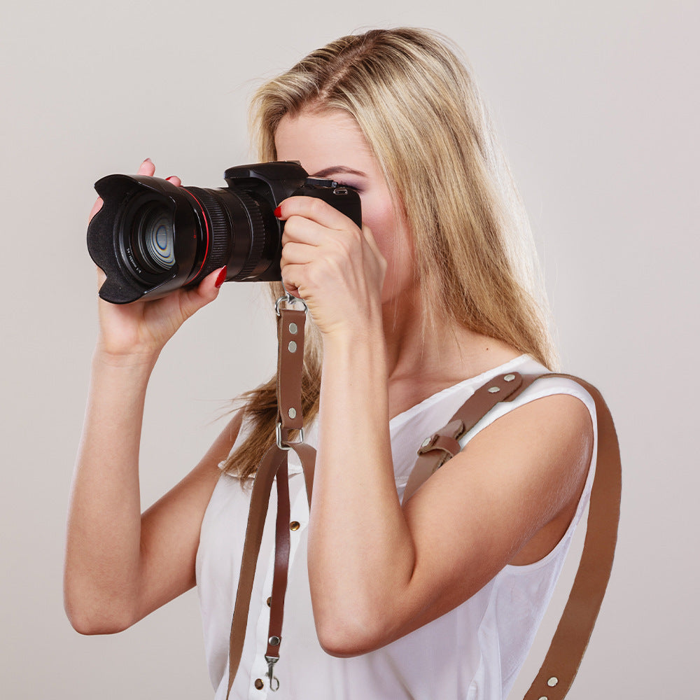 Brown Adjustable Genuine Leather Camera Strap - Crossbody Shoulder Sling for DSLR/SLR(The camera is a prop and is not included) 5
