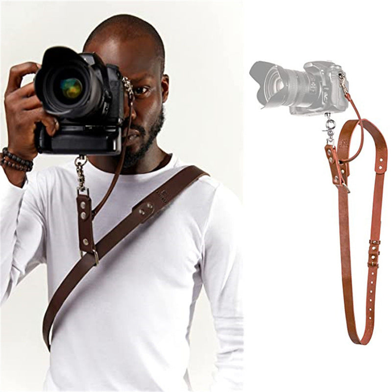 Black Adjustable Genuine Leather Camera Strap - Crossbody Shoulder Sling for DSLR/SLR(The camera is a prop and is not included) 5